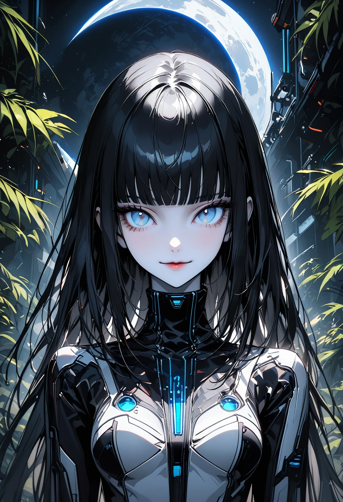 solo, female, long straight black hair, straight bangs, hime cut, light blue eyes, slender, thin, very tall, black turtleneck, elegant space clothes, pale white skin, stylish clothes, medium breasts, window view of moon surface, space laboratory, plants, close up, dandere, futuristic, augmentations:0.1, small smile, holding hands with viewer