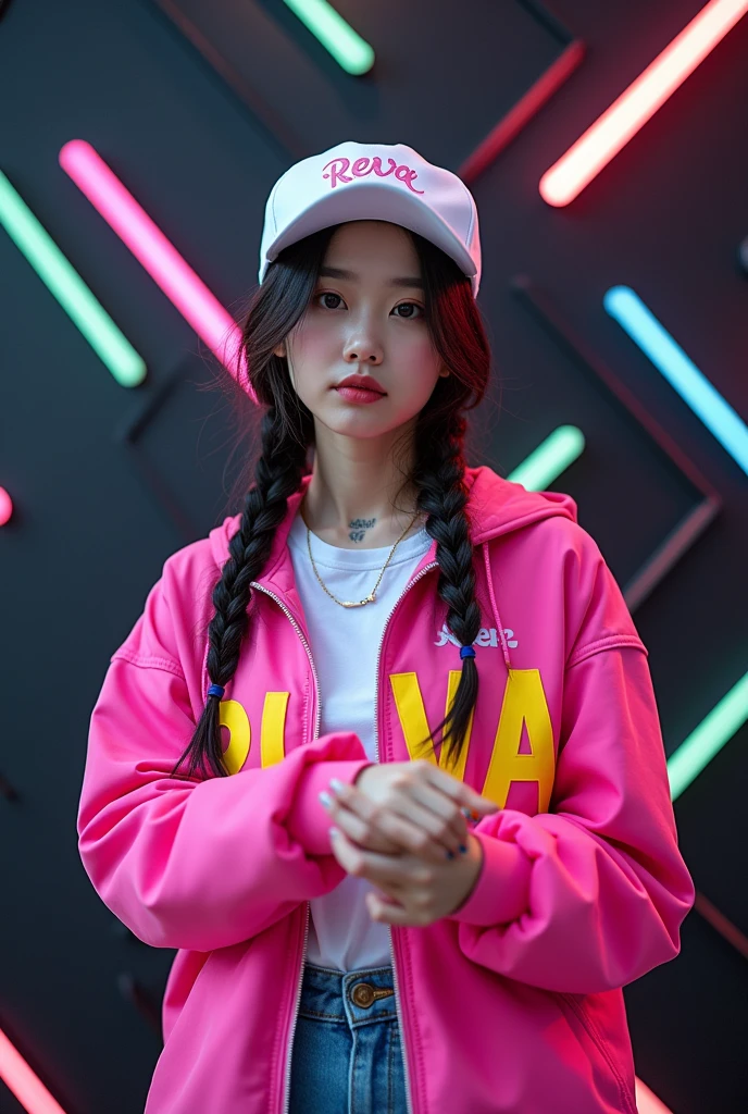 Photo of a beautiful Korean girl with modern braids framing her face with her hands. He was wearing a pink gaming jacket with yellow Wardah writing on it. "Reva" Cool white hat. the girl has a tattoo. He uses his hands as a tripod, which shows that he is a photographer. The background is a black wall with a 3d zizak pattern that features colorful neon lines., by emphasizing the main topic.