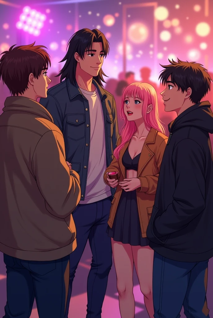 at the party, the brown haired boy, conversation, the boy with blond hair, Cao Cao, together with her boyfriend, 190 tall, long black black hair, brawny, broad-shouldered. kim who has the same features, ours, a Korean, pink hair, stylish, e fa do bts, everyone was having fun