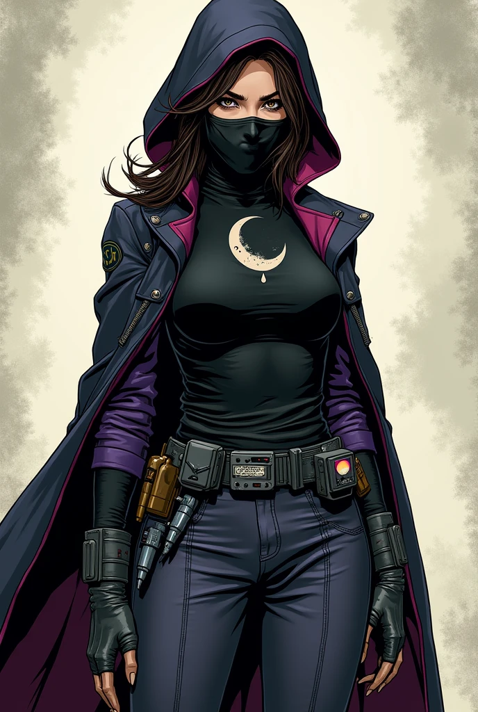 Panel of a 1 girl. DC comic style. dark brown hair, Wavy and shaggy is a shaggy mullet style below the shoulders, tired brown eyes with dark circles, almost pale white complexion,1.65 m, slim and agile build. security guard clothing, black muscle shirt, Black oversized military pants and a comfortable colored jacket with violet details, The emblem on the chest is a lunar symbol with a drop of blood in the center., representing his gift The black hooded cloak has a dark red trim, The boots and gloves have dark red details, and the nails on the gloves look like sharp claws. The black mask has night vision lenses that appear to be like wolf eyes., on the belt, He carries tools and weapons that appear to be like medical instruments.. The entire costume seems to be like an extension of his gift.
