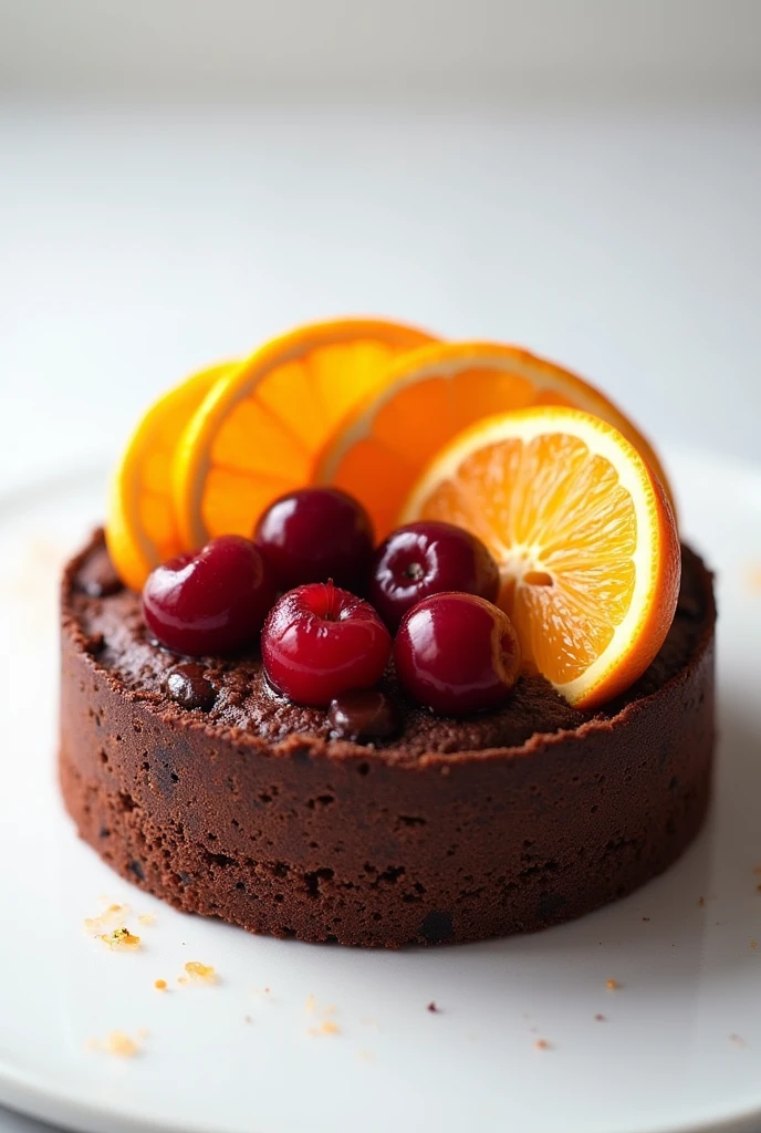 a cherry cake with chocolate dought and on top 4 slices of orange