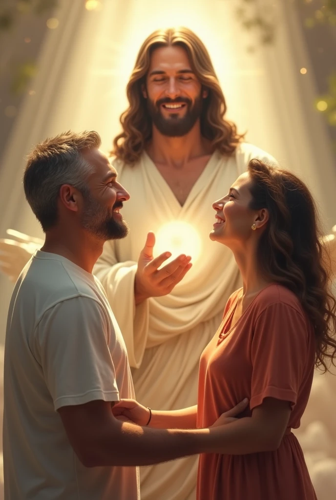 A husband and his wife are in love and are happy watching Jesus. Jesus also smile 