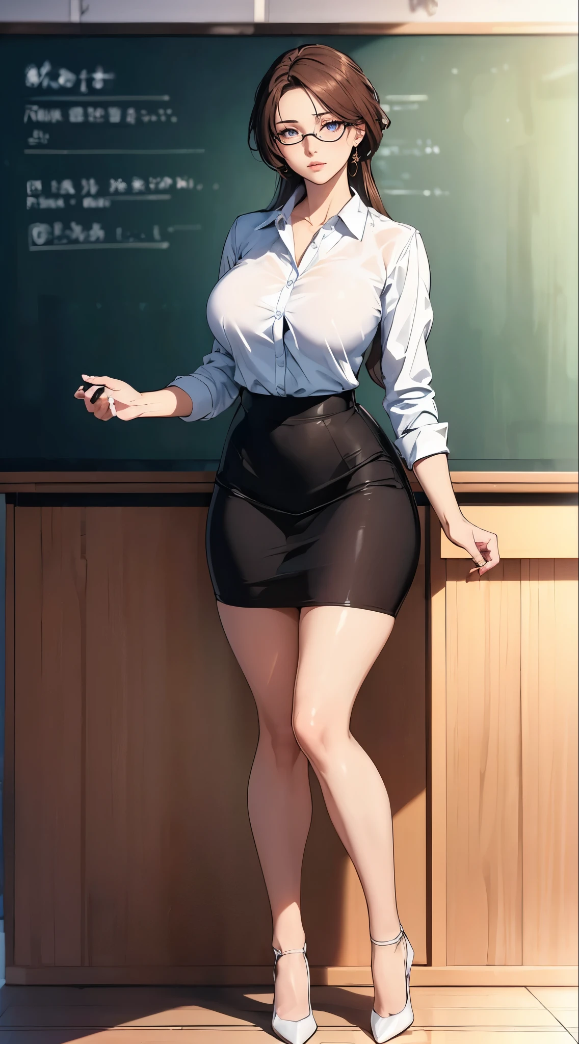 ((1girl, solo)), mature female, large breasts, beautiful body, (perfect anatomy, perfect body, perfect hands, perfect legs), nice hands, natural proportions, sexy body, standing BREAK
((extremely detailed face)), (beautiful detailed eyes:1.6), (realistic pupils, realistic iris:1), expressive eyes, looking at viewer, (clear eyes:1.3), (hyperrealistic:1.2), (detailed skin texture:1.2), smooth skin, (detailed lips:1.2), (attractive lips:1.1), (glossy lips:1.1), closed mouth, perfect face, perfect eyes BREAK
white shirt, dress shirt, collared shirt, long sleeves, collarbone, cleavage, black pencil skirt, thighs, bare legs, high heels BREAK
(masterpiece:1.5), anime-style, top quality, best quality, (beautiful and aesthetic:1.2), (ultra detail:1.5), Ultra-detailed depiction, Ultra-precise depiction, extremely detailed 8k illustration, high resolution, (highly detailed shading:1.2), (realistic lighting:1.4), perfect lighting, vibrant colors, dynamic tones, striking hues, 8k, absurd resolution, perfect shadows, hdr, UHD, ambient lighting, realistic, ultra-realistic, photo realistic, highly detailed, rich detail, luminous colors, fine texture, intricate design, professional illustration, (soft light:1.2), (illustration:0.7)