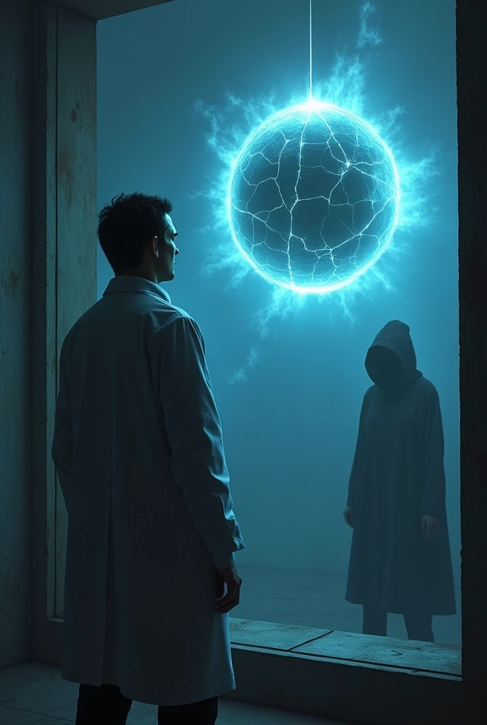 A scientist with his back turned looking at a glass window where there is a cracked grey round ball floating and emanating blue energies and a mysterious hooded figure can be seen watching the scientist from a distant place.