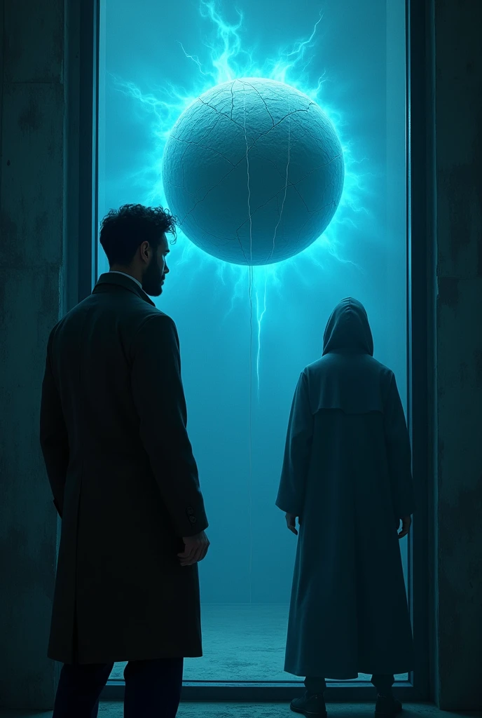A scientist with his back turned looking at a glass window where there is a cracked grey round ball floating and emanating blue energies and a mysterious hooded figure can be seen watching the scientist from a distant place.