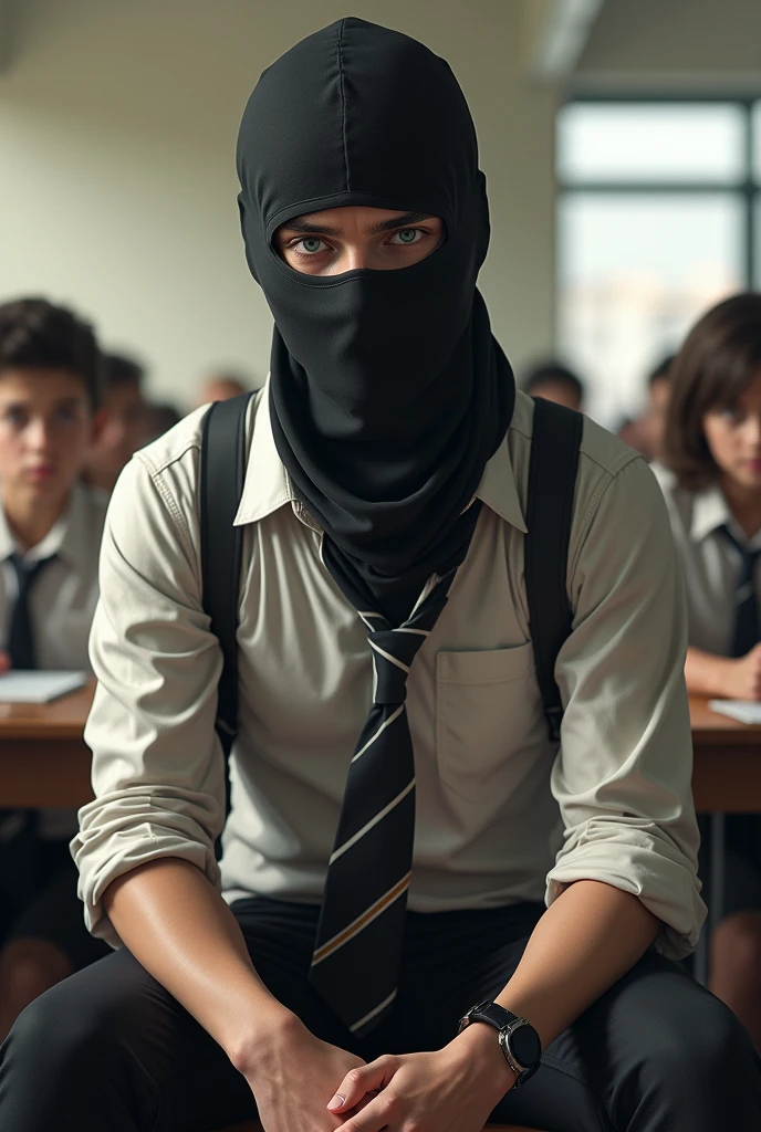 White high school student, high, fit, frown, dressed in a scruffy shirt and tie, Black pants. light eyes. The student has a black balaclava. Sitting in a classroom. Semi-realistic style.