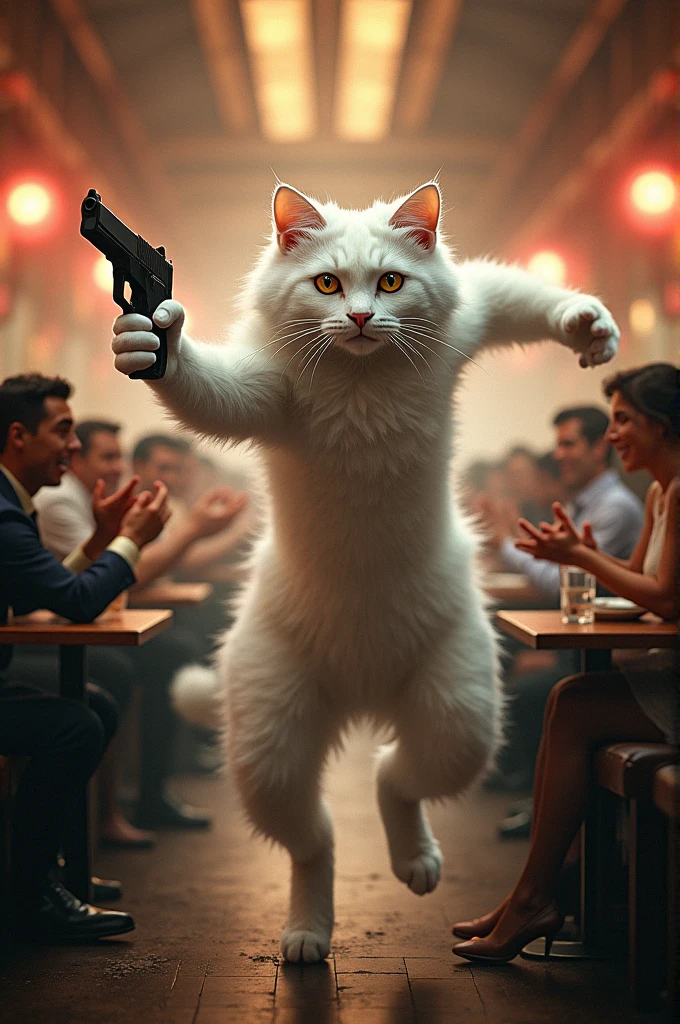 The white cat, with its stylish look and immense strength, defeats the goons effortlessly. The goons try to flee, but the cat quickly catches them and snatches away their guns. The restaurant erupts in applause, echoing with cheers for the cat's bravery.