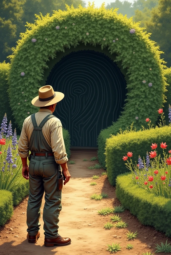 drawn in the form of a colored drawing, a gardener looking at the entrance to a maze