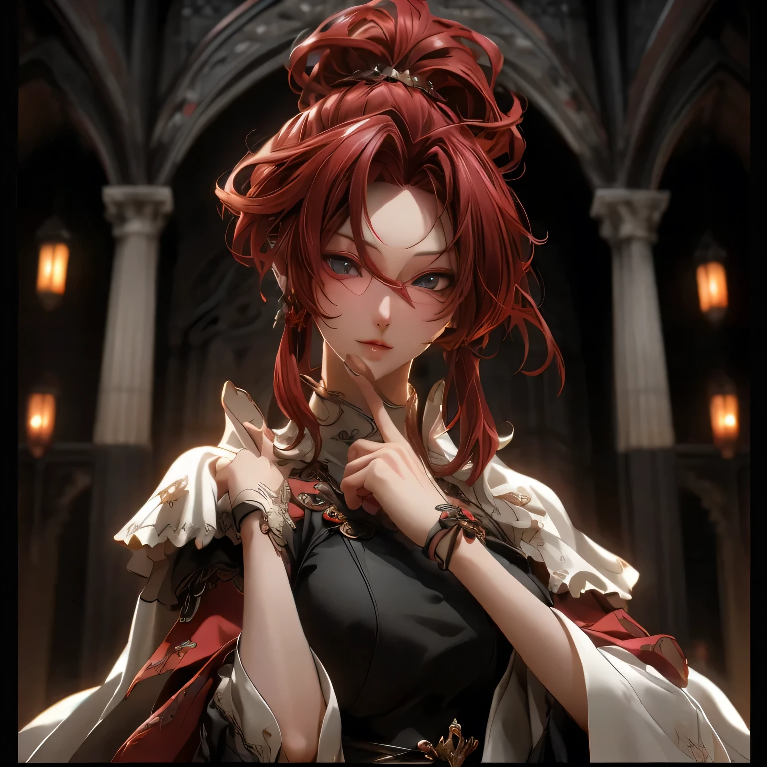 (best quality)), ((Masterpiece)), (details:1.4), 3d, HDR (high dynamic range), an image of a beautiful cyberpunk female, fantasy, medieval, Red hair, High ponytail, White eyes, จมูกโด่ง, ปากแดง, หน้าอกใหญ่, nvidia RTX, PBR surface, After processing, Anisotropic filtration,depth of field, Maximum clarity and clarity, multi-layered surface, Subsurface scattering, perfect proportions, 8K raw files, ultra detailed, Perfect proportions, volumetric lighting, soft lighting, Holy Paladin, Heavy Red Armor, glossy skin, chapel background, jewely, ต่างหู, นิ้วมือสมบูรณ์,
