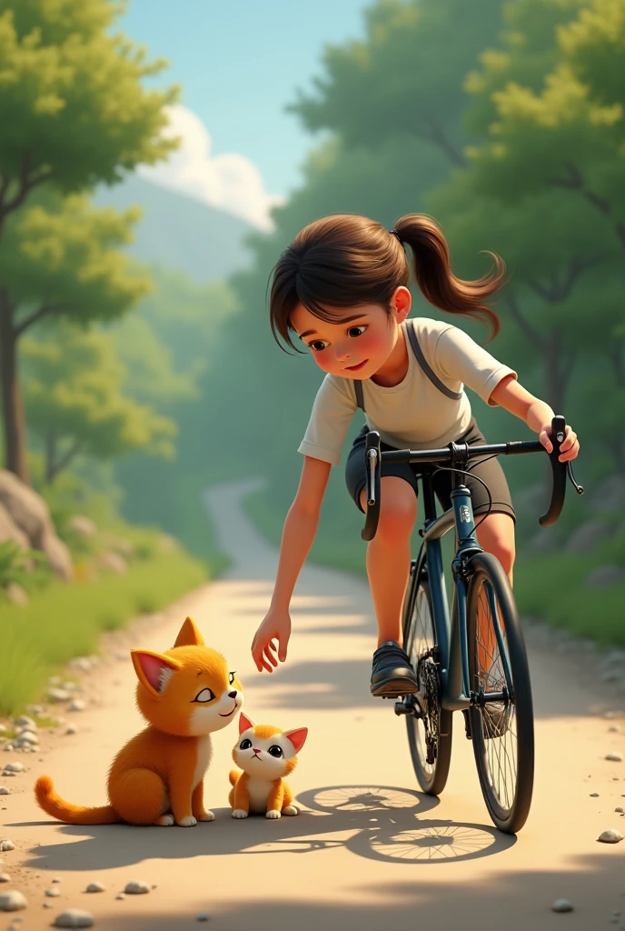 The yellow cat is on the ground, crying with her kitten clutched close. The cyclist is getting up, looking concerned and reaching out to help.