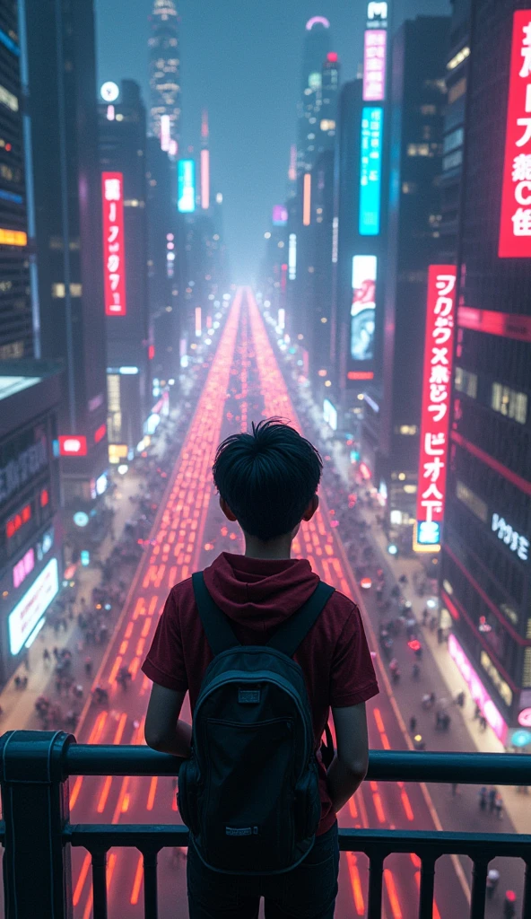A teenage boy looking at the city from a balcony of a tallest among all the skyscrapers overlooking cyberpunk city street scene with full of neon lights, and futuristic buildings, featuring a futuristic neon streetlight city . The atmosphere is vibrant and bustling with people  in high-tech attire, high resolution, captured in crisp detail, The background features a neon-lit cityscape, giving the cyberpunk atmosphere a touch of intimacy and tenderness, eye-level camera angle --s 500 --v 6.0 --no 3D effect, photorealistic.