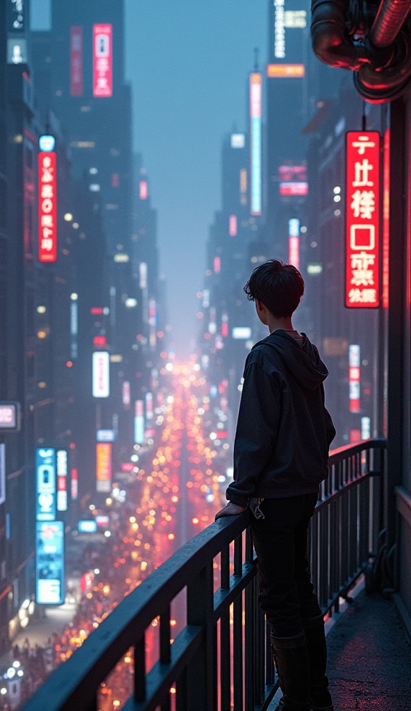 A teenage boy looking at the city from a balcony of a tallest among all the skyscrapers overlooking cyberpunk city street scene with full of neon lights, and futuristic buildings, featuring a futuristic neon streetlight city . The atmosphere is vibrant and bustling with people  in high-tech attire, high resolution, captured in crisp detail, The background features a neon-lit cityscape, giving the cyberpunk atmosphere a touch of intimacy and tenderness, eye-level camera angle --s 500 --v 6.0 --no 3D effect, photorealistic.