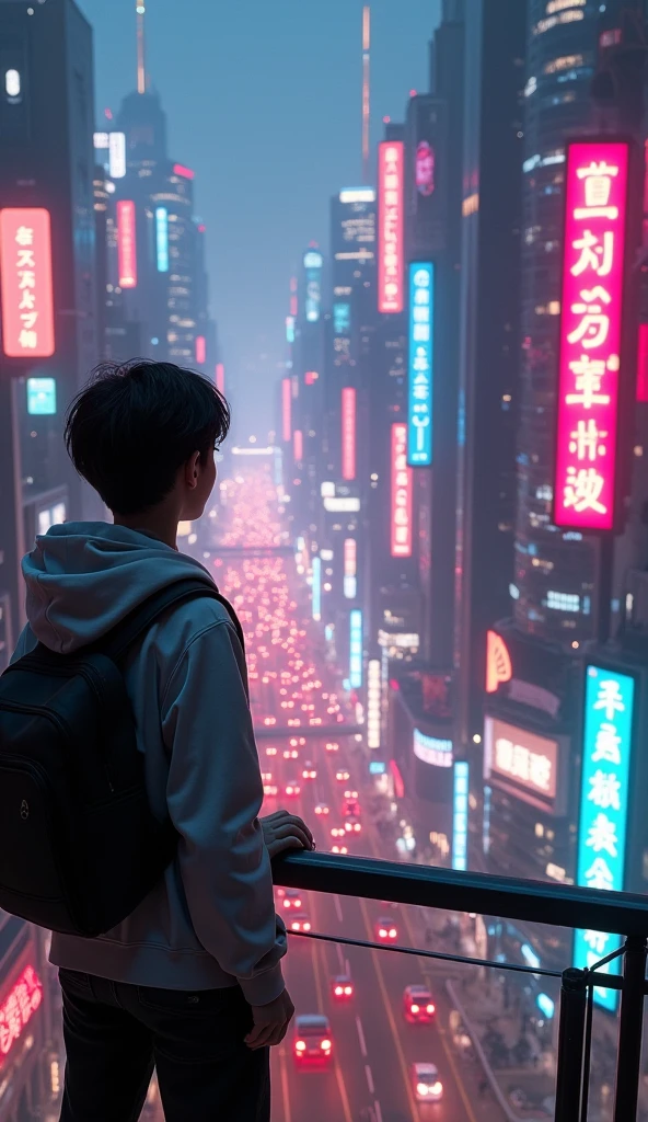 A teenage boy looking at the city from a balcony of a tallest among all the skyscrapers overlooking cyberpunk city street scene with full of neon lights, and futuristic buildings, featuring a futuristic neon streetlight city . The atmosphere is vibrant and bustling with people in high-tech attire, high resolution, captured in crisp detail, The background features a neon-lit cityscape, giving the cyberpunk atmosphere a touch of intimacy and tenderness, eye-level camera angle --s 500 --v 6.0 --no 3D effect, photorealistic.