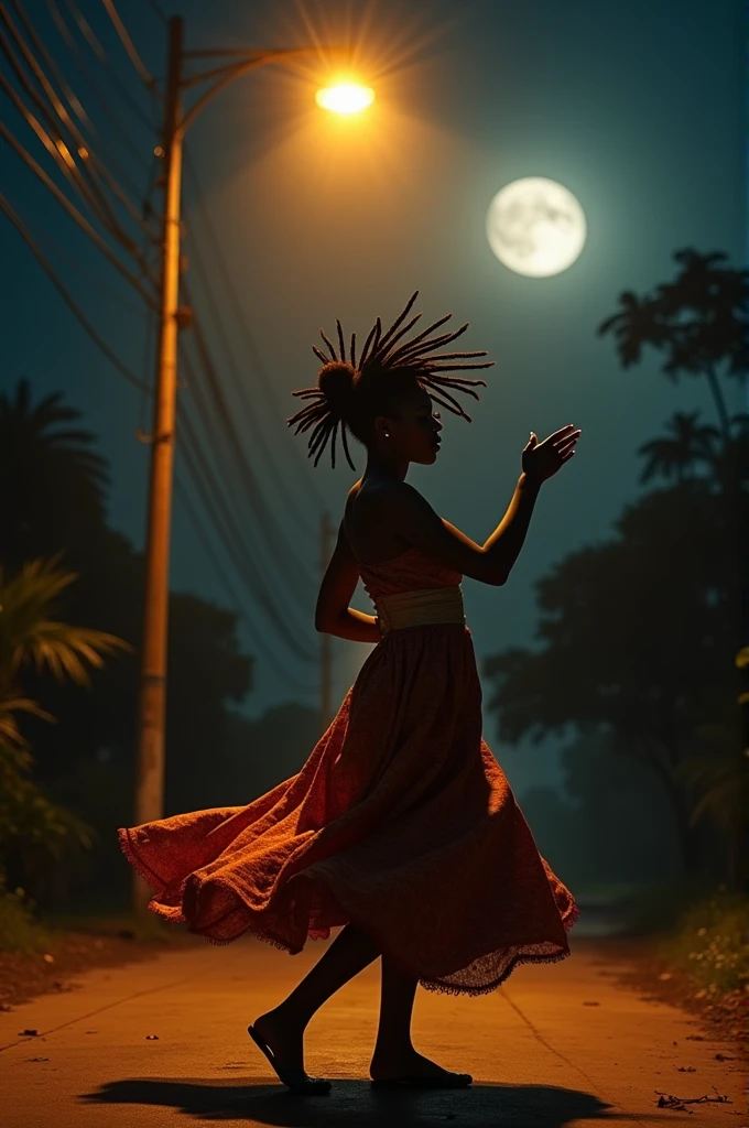 Black woman dancing frevo at night (extremely dark) only with the yellow light of a street lamp (low light in the sky and the waning moon) want to sail from the side (I want a side view of her). Follow all descriptions to the letter
