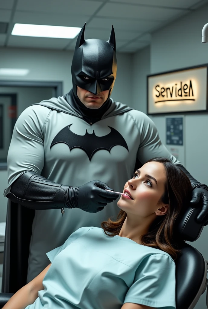 An image of Batman in surgical uniform, Being a dentist and serving a woman with a sign that says ServiDent 