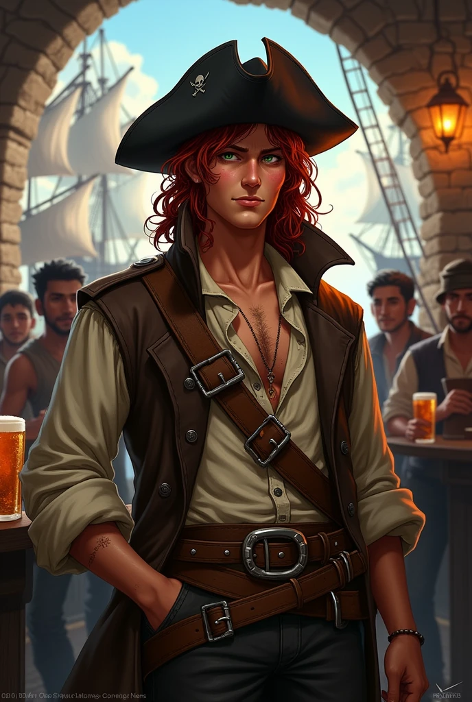 A young pirate, full body DnD style. A pirate, with long, curly dark red hair, and dark green eyes. He wears a brown pirate trench coat with a light unbuttoned shirt and a damaged vest., on his head an old damaged black leather hat. Around his waist he wears a sash with a belt and two pirate cutlasses on top.. He is having fun drinking with a cheerful look together with other young sailors in the pub while in the background there are various ships of a pirate port.