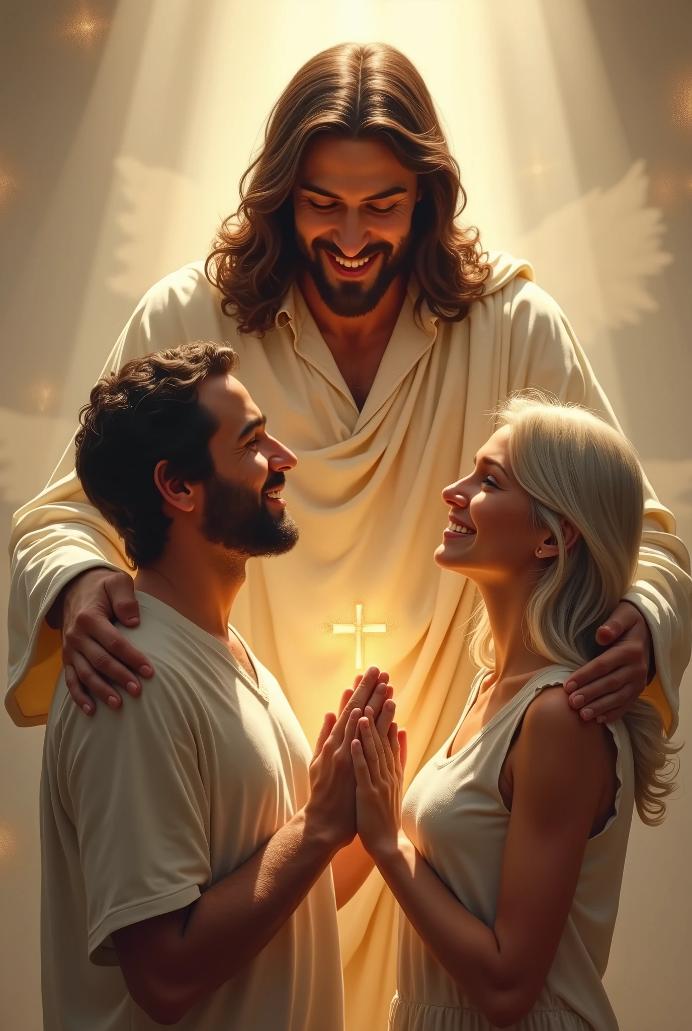 A husband and his wife are in love and are happy watching Jesus. Jesus also smile 