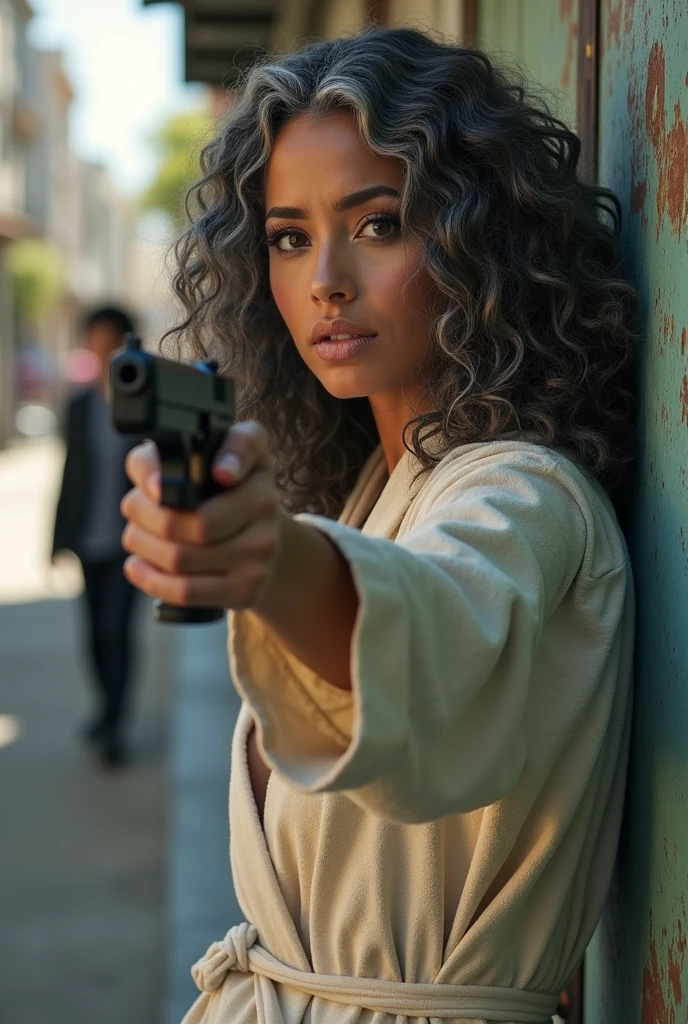 A beautiful youthful looking Filipino version of Ariana Grande as a 50 years old woman with long curly completely gray hair as the superhero Daisy Johnson from Agents of S.H.I.E.L.D wearing a bathrobe leaning on a wall hold a gun in her hands pointing it at a young city