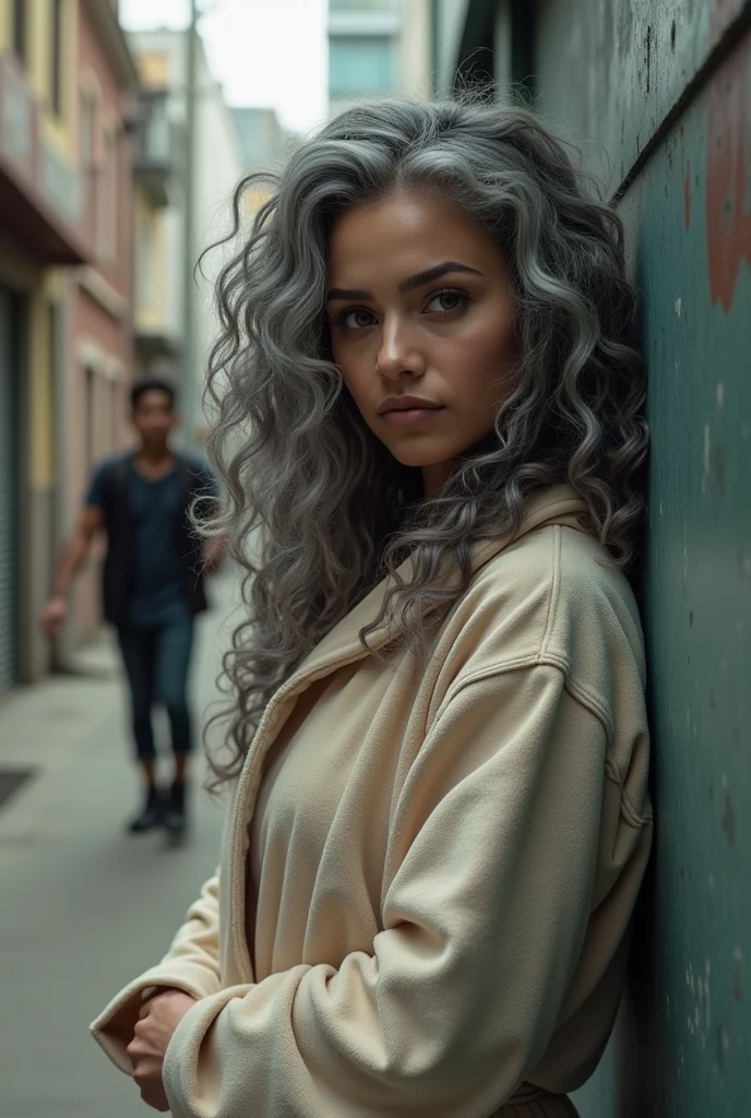 A beautiful youthful looking Filipino version of Ariana Grande as a 50 years old woman with long curly completely gray hair as the superhero Daisy Johnson from Agents of S.H.I.E.L.D wearing a bathrobe leaning on a wall hold a gun in her hands pointing it at a young  city 