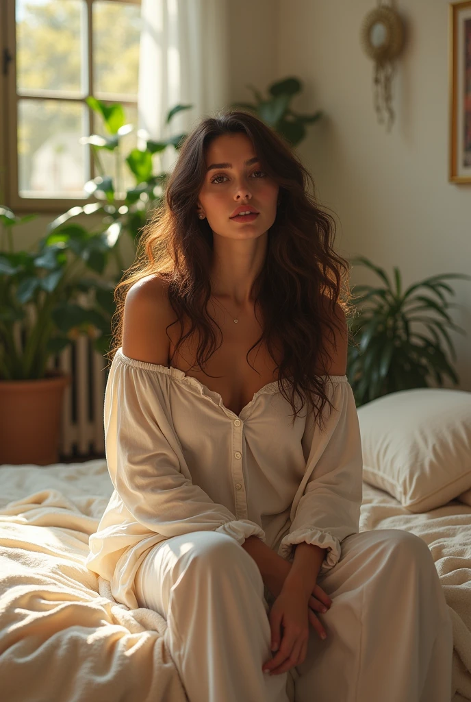 (photorealism:1.2), beautiful woman, sitting on bed, wearing loose off-shoulder top, pajama pants, long curly hair, indoors, soft lighting, plants in background, window with sunlight, cozy room, relaxed pose, realistic, intricate details, warm colors, by Greg Rutkowski, by Alphonse Mucha