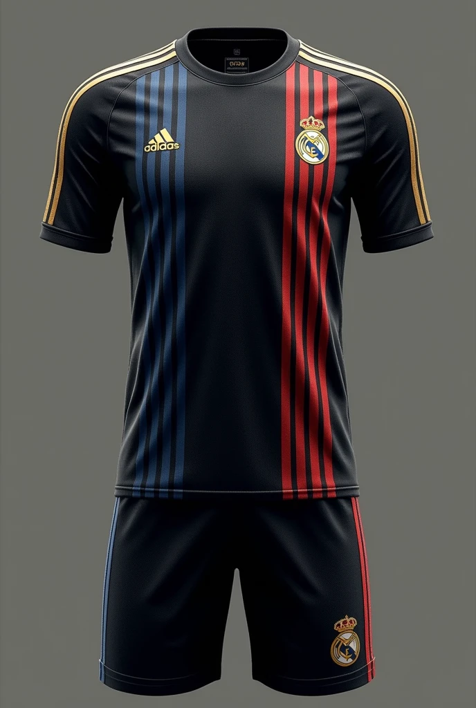 Create me a football uniform with a retro design, Elegant and luxurious in light black with a black texture design that gives it a retro style and that on the right shoulder it has three red lines and on the left side blue lines that join at the neck with an elegant but simple design and that on the sides it has lines with a retro design and the color is the ones used before in the same order and add some golden touches