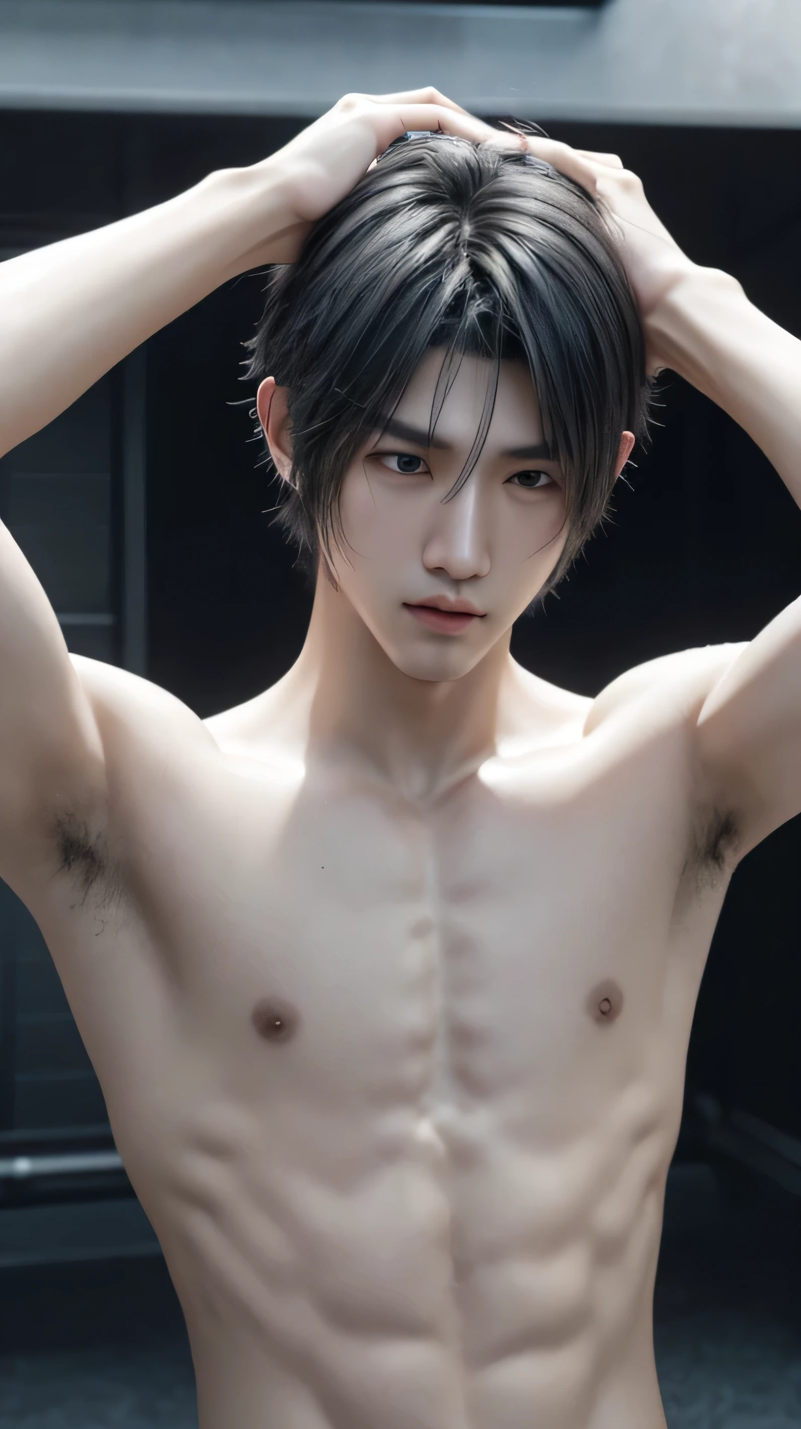 high resolution, realistic, Noctis, Final Fantasy XV, A hyper-realistic, 1 boy, cute boy, Korean boy face, Ulzzang wolfcut hairstyle, grey hair, shirtless, male, sweaty skin, armpit, skinny body, Ulzzang boy, futuristic city background