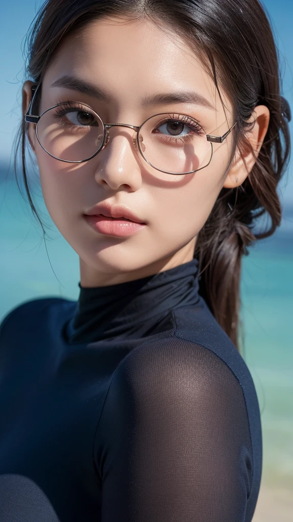 

A highly realistic and detailed portrait of a Korean woman wearing black spectacles with very thin, almost invisible frames. The lenses are extremely reflective and clear. She is dressed in a navy blue high-neck t-shirt, looking cool and composed. The woman's body is fit and toned, enhancing the overall portrait. Her eyes are ocean blue, crystal clear, and stunningly beautiful. Her face has a perfect model-like shape, not chubby, with slightly plump, reddish, and moist lips, detailed with tiny water droplets. She has a sharp and beautiful nose. Her hair is reddish-brown, very long, thick, and sharp. The background is a dark navy blue, creating an aesthetic and cinematic feel. The overall image is a blend of surrealism and photorealism, rendered in 8k resolution, sharp and detailed, with a surreal and gorgeous look.