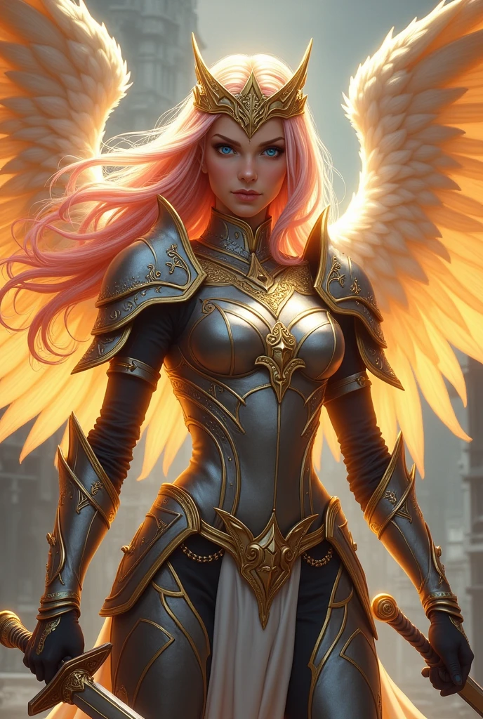 Female elf Paladin aasimar blond hair with pink highlights blue eyes with wings and golden crown wearing armor and sword
