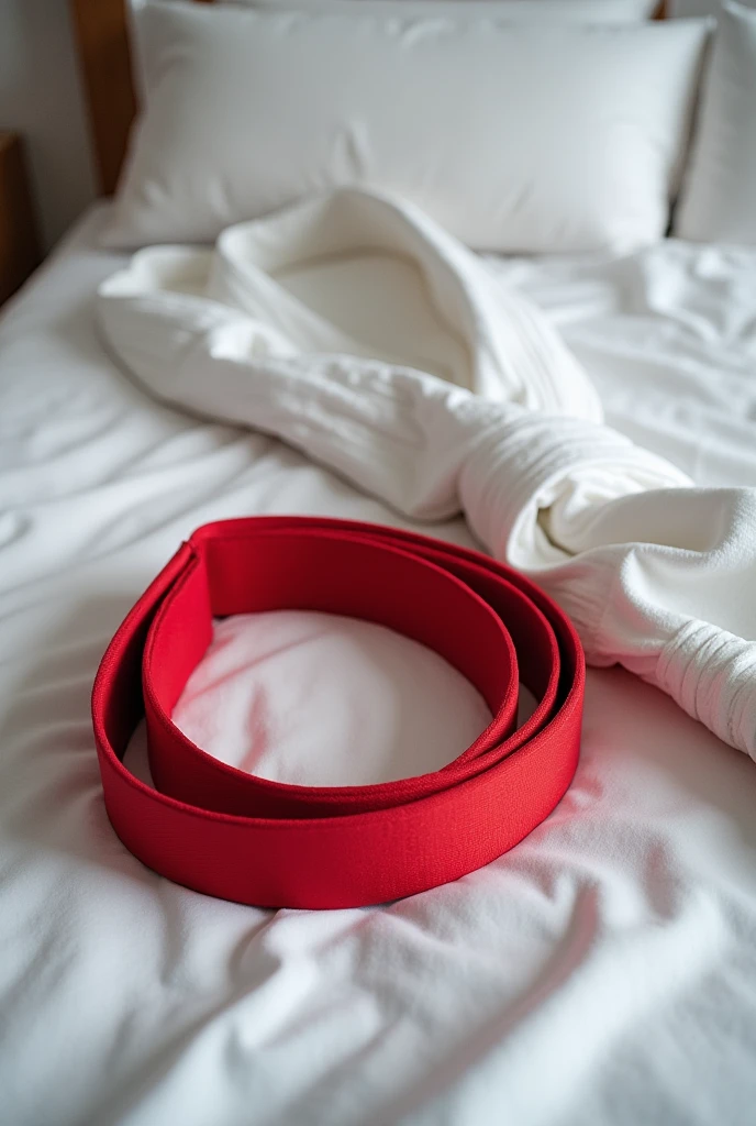 Red taekwondo belt on a bed next to a white kimono