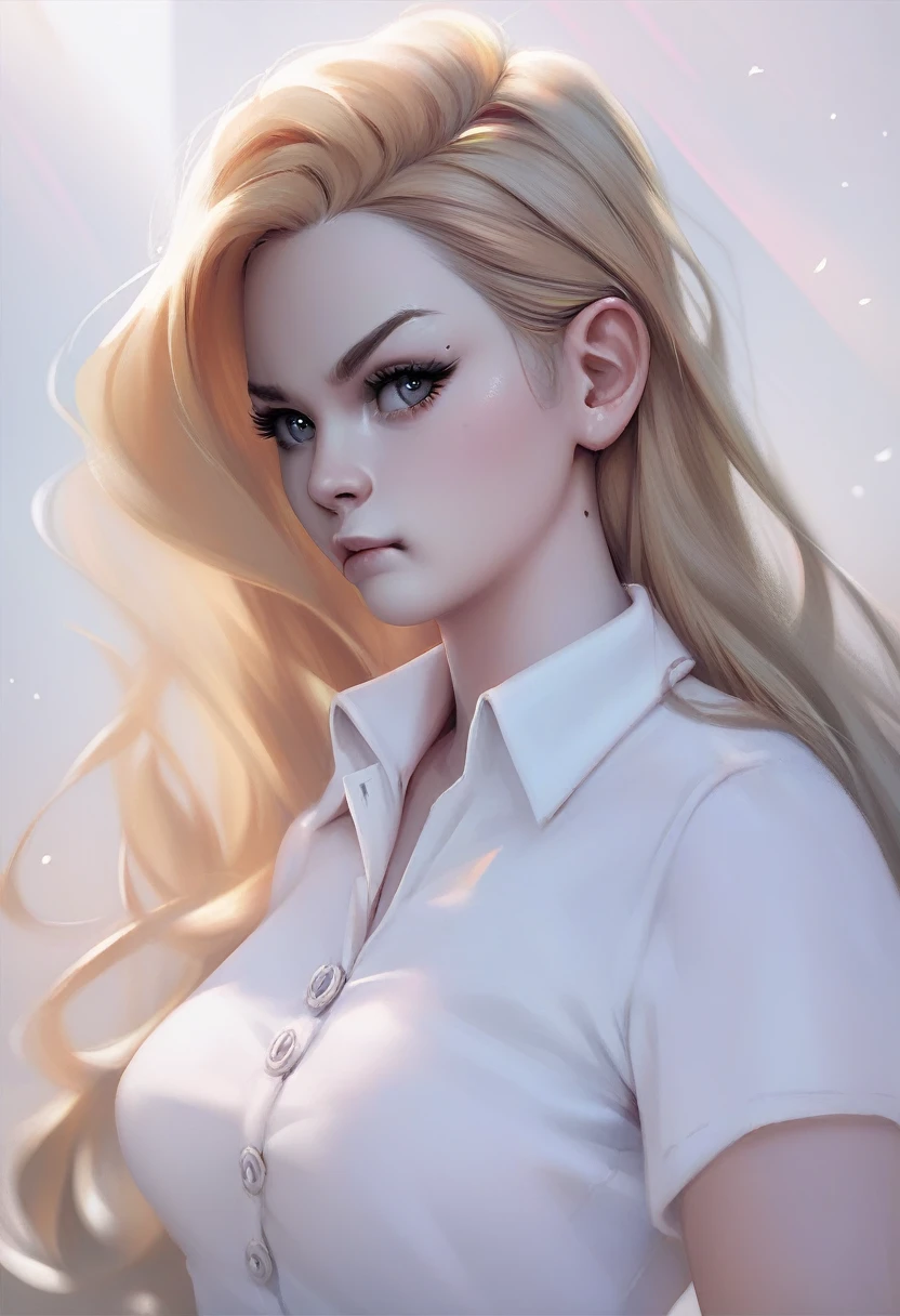 1girl, pale skin, beauty mark under one eye, pout, large eyelashes, white shirt, medium breasts, portrait, torso shot, long straight blonde hair, score_9, score_8_up, score_7_up, score_6_up