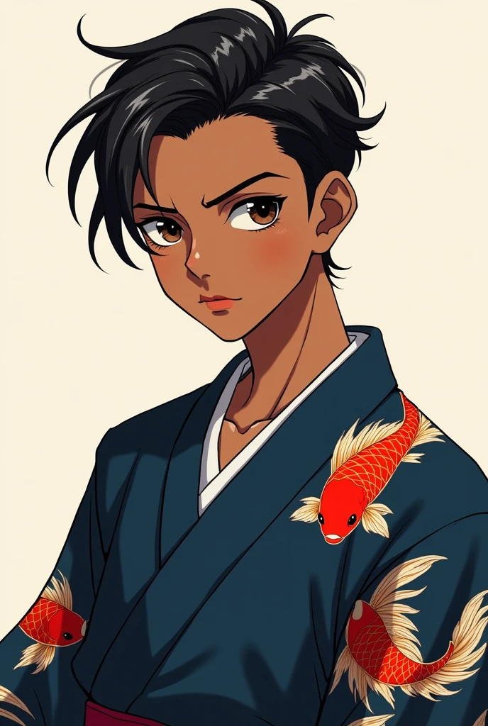 Male character ager with brown skin, wearing dark blue kimono with goldfish print, de cabelo slickback, dark brown eyes, anime styling