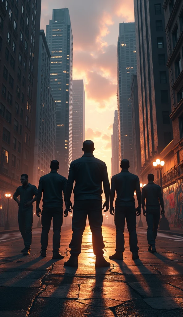 Create an image for a song titled 'Street Legends.' The scene captures an iconic urban landscape at dusk, with towering buildings, graffiti-covered walls, and glowing streetlights. In the foreground, a group of confident and powerful figures stand tall, their silhouettes casting long shadows on the pavement. They embody strength, resilience, and respect earned on the streets. The mood is gritty, heroic, and timeless, with a mix of danger and glory that reflects the title 'Street Legends.