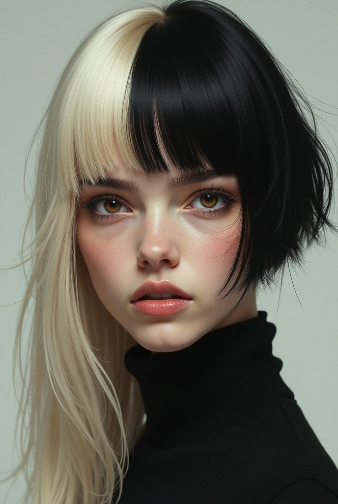 1 girl, half blonde with long hair and half black hair with very short hair and brown eyes