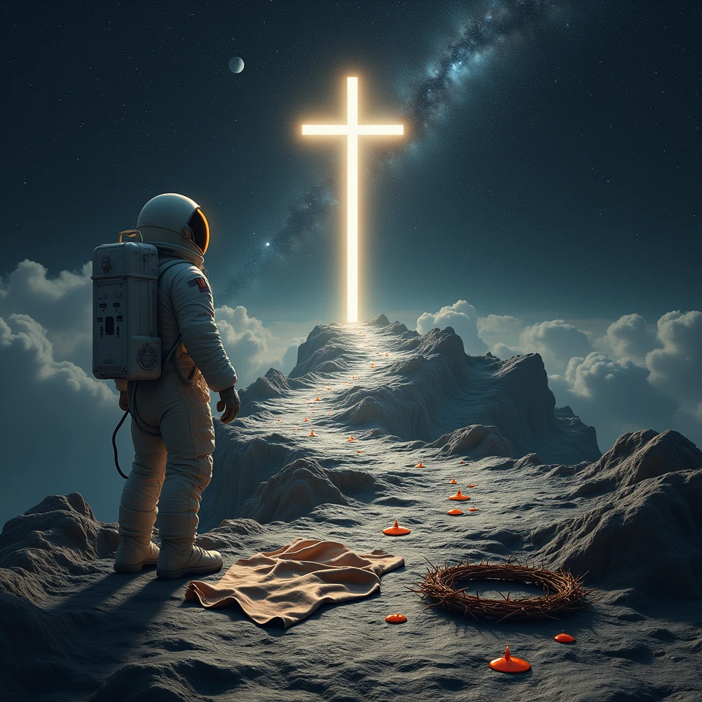 in outer space, stars , galaxies , planets , a rocky path with small drops of blood,a tunic thrown on the ground, A crown of thorns lying on the road and at the end of the road a cross , an astronaut