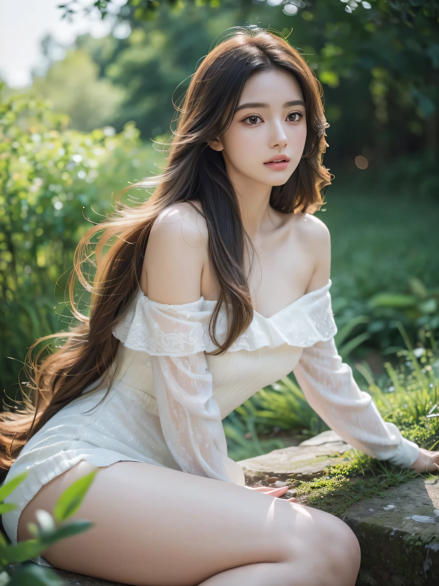 1girl, off-the-shoulder dress, (best quality,4k,8k,highres,masterpiece:1.2),ultra-detailed,(realistic,photorealistic,photo-realistic:1.4),RAW photograph,natural lighting,intricate details,delicate features,long flowing hair,mesmerizing eyes,elegant pose,serene expression,lush greenery background,warm color palette,cinematic composition