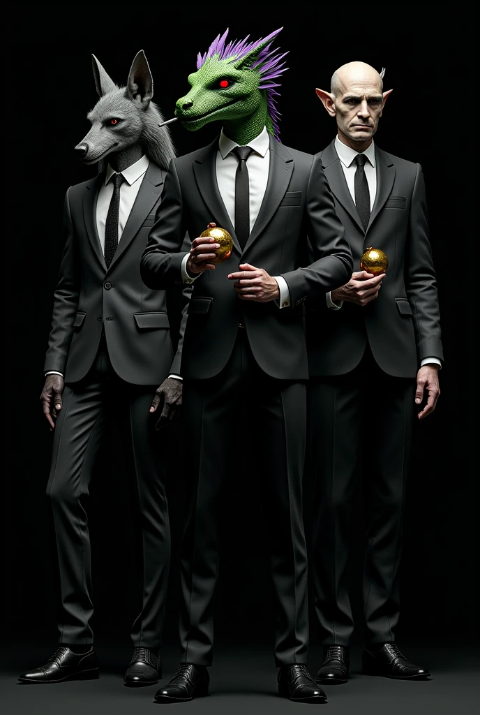 3 men in suits with super realistic masks , One is a dexterous dragon with green hair and purple tips... , in his hand a marijuana cigarette,with red eyes and a marma in the other golden hand, a gray wolf with bars stopped ,In the middle and with one in hand , an alien on the left in grey, The three of them standing in elegant black suits, Black background , que la comida parece más grande y the 3 with weapons mirando hacia adelante que el dragón está a la derecha y los 3 celebrando el dragón a la deres a la izquierda el alinegena y en medio el lobo , the 3 with weapons