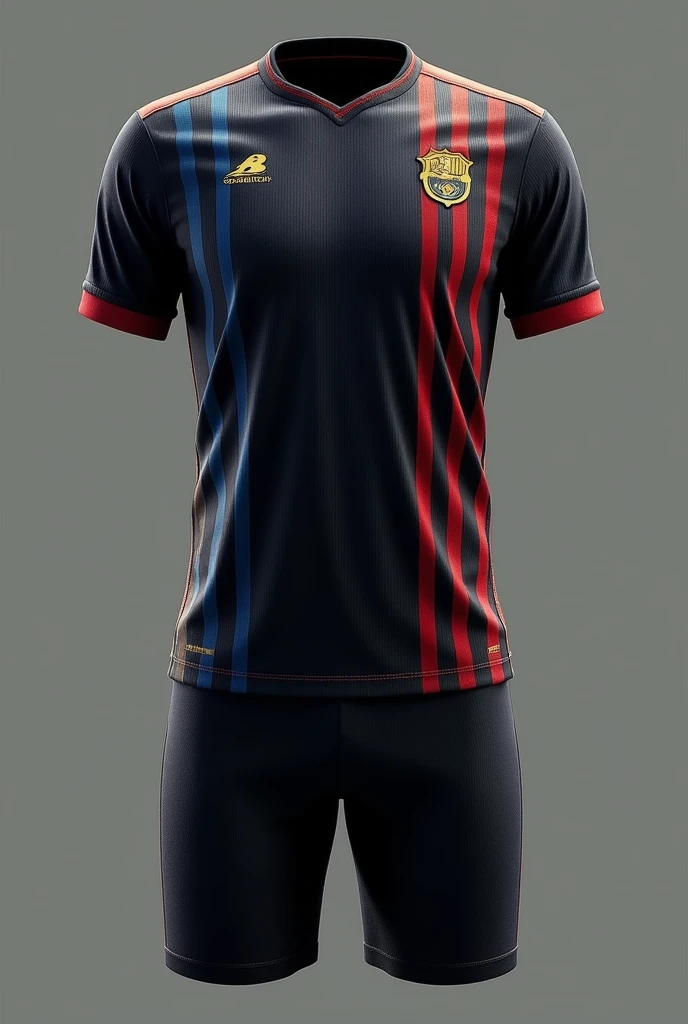 Create me a football uniform with a retro design, Elegant and luxurious in light black with a black texture design that gives it a retro style and that on the right shoulder it has three red lines and on the left side blue lines that join at the neck with an elegant but simple design and that on the sides it has lines with a retro design and the color is the ones used before in the same order and add some golden touches