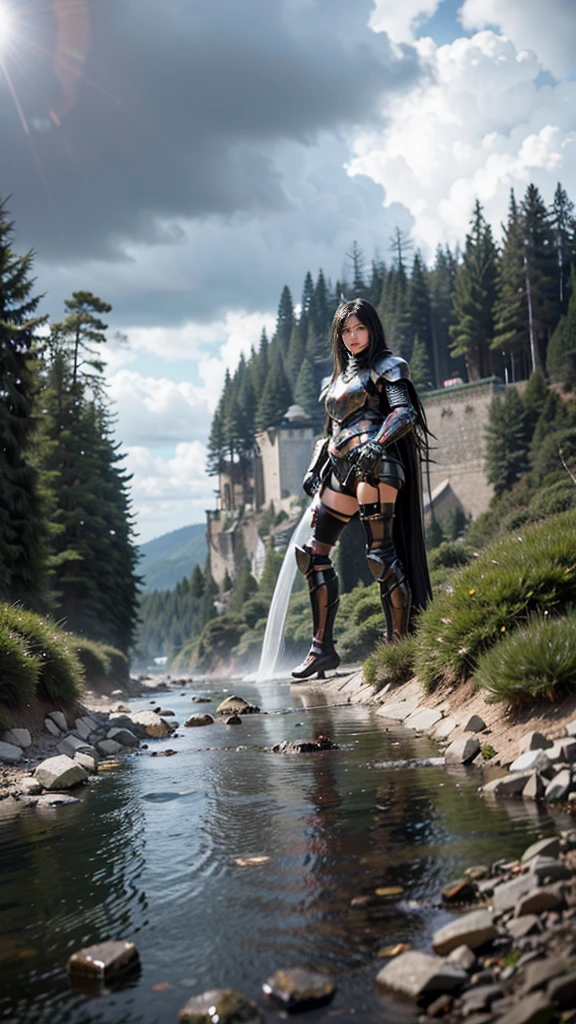 (masterpiece, best quality:1.2), (8k uhd, 16k, 32k, ultra high res), (photorealistic:1.37), (RAW photo), ultimate-realistic, ultimate-realistic details, ultimate-realistic texture, ultimate-intricate details, ultimate-realistic lighting, ultimate-realistic shadow, japanese girl, ultimate-cute face, ultimate-RAW skin, armor made of fine parts, ultimate-realistic eyes, Fallen angel, Lucifer, (black knight armor:1.5), two pairs of jet black wings, straight hair, black hair, pretty Japanese woman, on top of a western castle tower