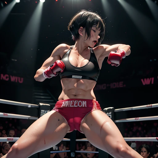 {they are striking each other's face by hard punch}, they are thrusting forward so powerfully. two {bloody}beautiful young female fighters are fighting by extreme bareknuckle boxing in the octagon fighting ring of underground arena with audience. A fierce exchange of dynamic punches. they are beating each other so hard. survival battle. whole body picture. they are covered in scars and bruises. they are damaged terribry. Short-cut black hair, out of breath, drooling from mouth, one eye is closed, exhausted, drenched in sweat. Erect nipples. open finger glove. Ragged white and pink lined sports bra, high leg panty, Stockings. armwarmers. small breasts, Whittled waistline, muscular, six-pack abs