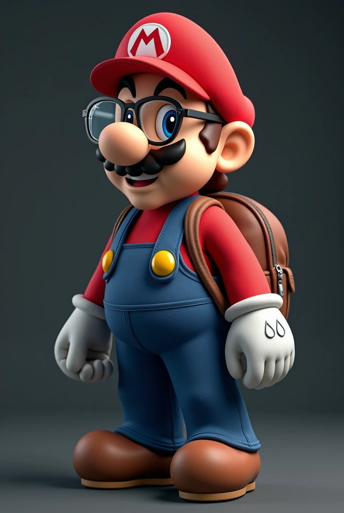 Little Mario bross with clear glasses and a backpack on a dark gray background behind 