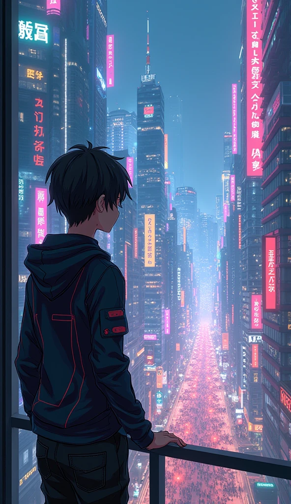 A anime teenage boy looking at the city from a balcony of a tallest among all the skyscrapers overlooking cyberpunk city street scene with full of neon lights, and futuristic buildings, featuring a futuristic neon streetlight city . The atmosphere is vibrant and bustling with people in high-tech attire, high resolution, captured in crisp detail, The background features a neon-lit cityscape, giving the cyberpunk atmosphere a touch of intimacy and tenderness, eye-level camera angle --s 500 --v 6.0 --no 3D effect, photorealistic.