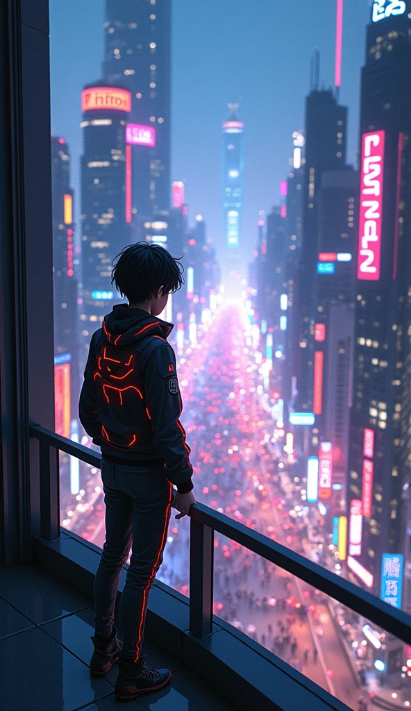 A anime age boy looking at the city from a balcony of a tallest among all the skyscrapers overlooking cyberpunk city street scene with full of neon lights, and futuristic buildings, featuring a futuristic neon streetlight city . The atmosphere is vibrant and bustling with people in high-tech attire, high resolution, captured in crisp detail, The background features a neon-lit cityscape, giving the cyberpunk atmosphere a touch of intimacy and tenderness, eye-level camera angle --s 500 --v 6.0 --no 3D effect, photorealistic.
