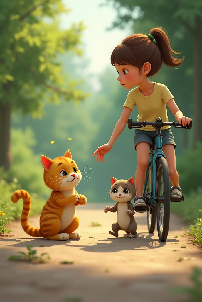 The yellow cat is on the ground, crying with her kitten clutched close. The cyclist is getting up, looking concerned and reaching out to help.