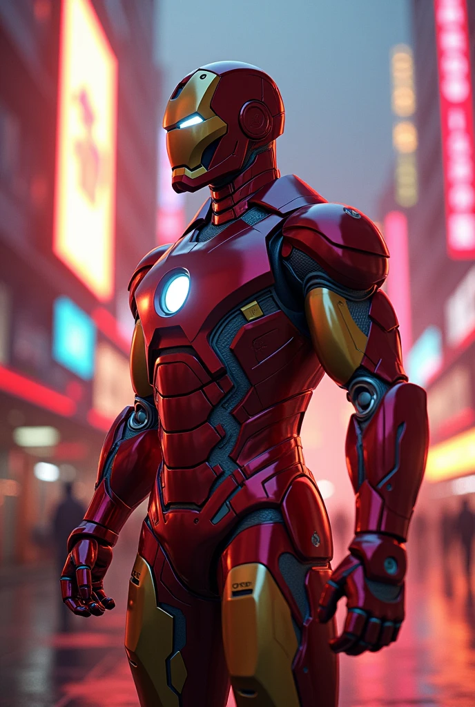 Iron man in cyberpunk scenery with neon lights peal and orange, Thinking about Future