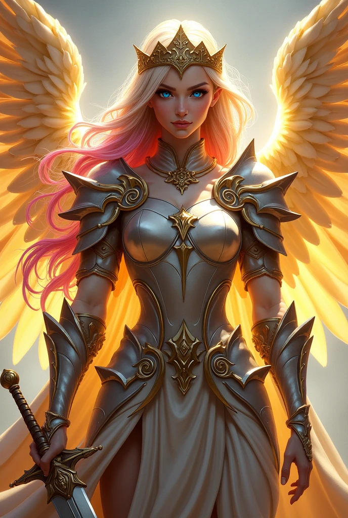 Female elf Paladin aasimar blond hair with pink highlights blue eyes with wings and golden crown wearing armor and sword