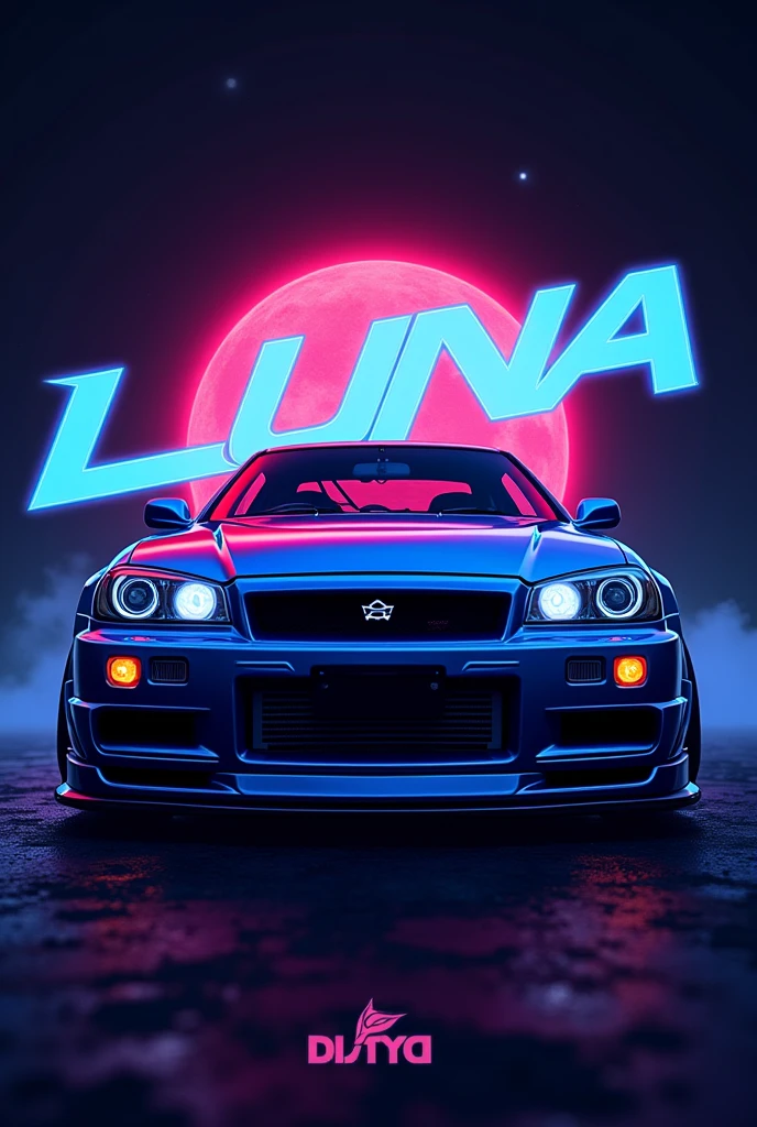 High resolution, Logo for Jdm cars, logo spelling “Luna” cool, Jdm theme, anime theme, bayside blue Nissan Skyline R34, Cyberpunp vibe name spelling, moon, brand logo, logo for tshirt, brand logo “LUNA”, simple logo “LUNA”