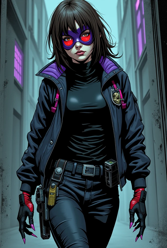 Panel of a 1 girl. DC comic style. dark brown hair, Wavy and shaggy is a shaggy mullet style below the shoulders, tired brown eyes with dark circles, almost pale white complexion,1.65 m, slim and agile build. security guard clothing, black muscle shirt, Black oversized military pants and a comfortable colored jacket with violet details, The emblem on the chest is a lunar symbol with a drop of blood in the center., representing his gift, The boots and gloves have dark red details, and the nails on the gloves look like sharp claws. The black mask has night vision lenses that appear to be like wolf eyes., on the belt, He carries tools and weapons that appear to be like medical instruments.. The entire costume seems to be like an extension of his gift.