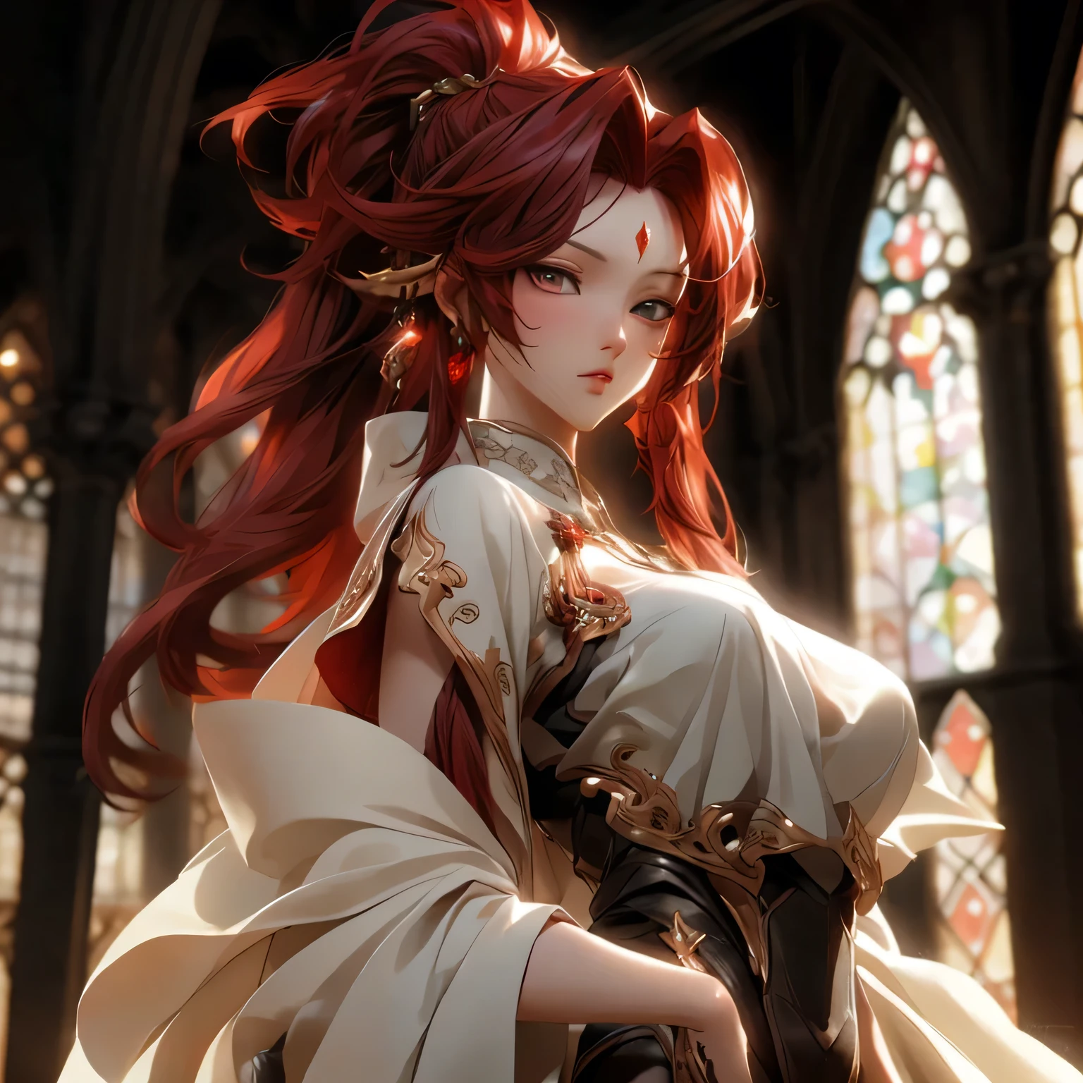 (best quality)), ((Masterpiece)), (details:1.4), 3d, HDR (high dynamic range), an image of a beautiful cyberpunk female, fantasy, medieval, Red hair, High ponytail, White eyes, จมูกโด่ง, ปากแดง, หน้าอกใหญ่, nvidia RTX, PBR surface, After processing, Anisotropic filtration,depth of field, Maximum clarity and clarity, multi-layered surface, Subsurface scattering, perfect proportions, 8K raw files, ultra detailed, Perfect proportions, volumetric lighting, soft lighting, Holy Paladin, Heavy Red Armor, glossy skin, chapel background, jewely, ต่างหู, นิ้วมือสมบูรณ์,