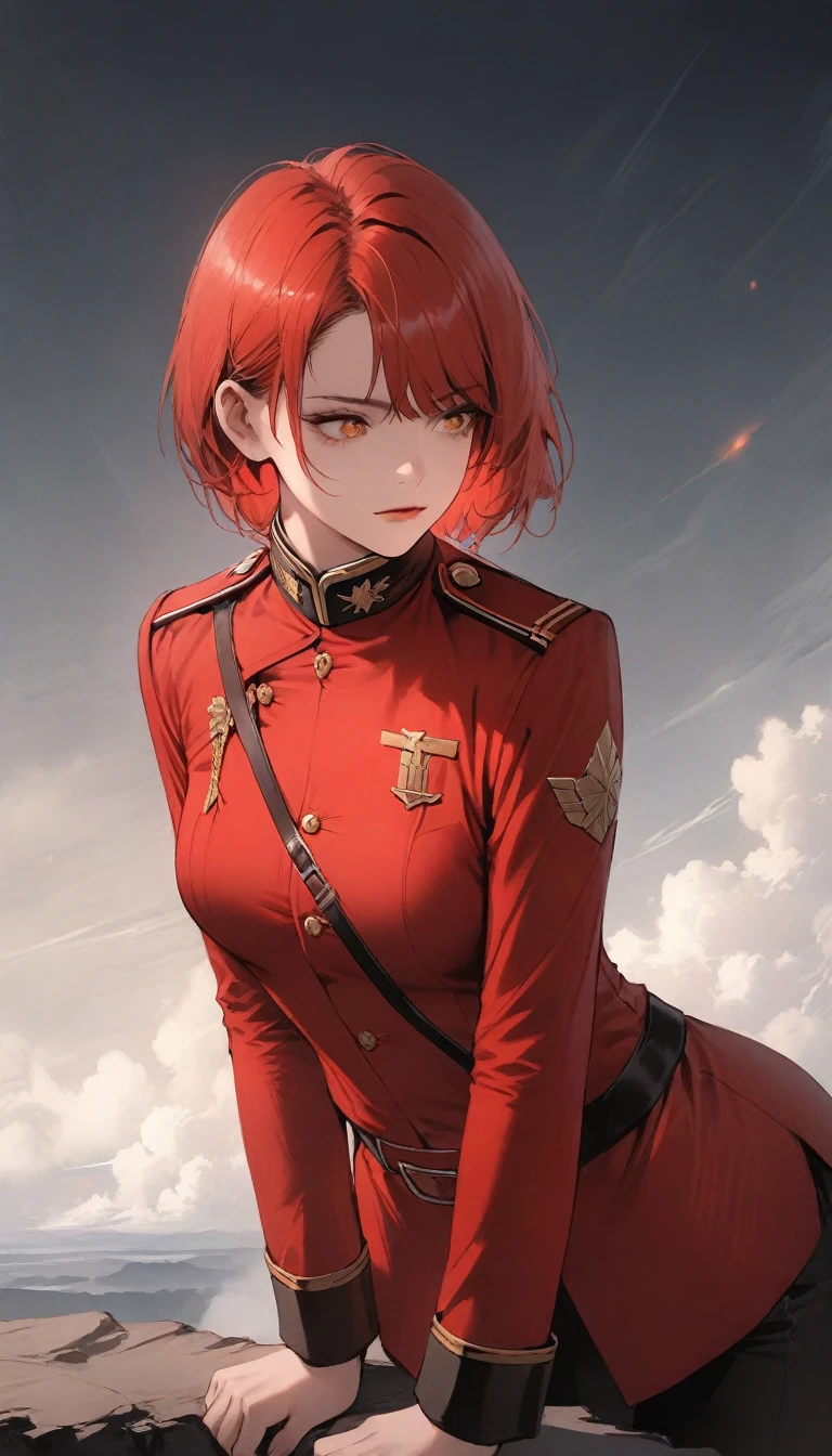 (Highest Resolution, clear_image) wonderful, masterpiece, Attention to detail, Semi-realistic, Dishonor 2, Very beautiful woman, alone, Normal handsome posture, Short Red Hair, Golden Eyes, Indifferent look, 1, young, Tall and strong , white and red uniform, pants, Military Pants, Military boots, uniform, Military Academy, have confidence, Severe, Cold and haughty, Standing on a cliff, Looking down, Glowing Skin, , rtrophto1,
