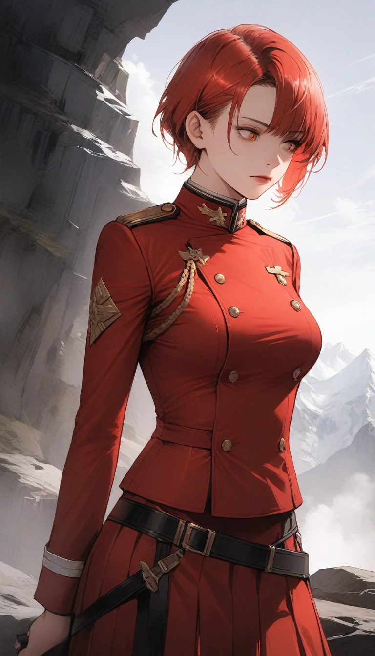 (Highest Resolution, clear_image) wonderful, masterpiece, Attention to detail, Semi-realistic, Dishonor 2, Very beautiful woman, alone, Normal handsome posture, Short Red Hair, Golden Eyes, Indifferent look, 1, young, Tall and strong , white and red uniform, pants, Military Pants, Military boots, uniform, Military Academy, have confidence, Severe, Cold and haughty, Standing on a cliff, Looking down, Glowing Skin, , rtrophto1,